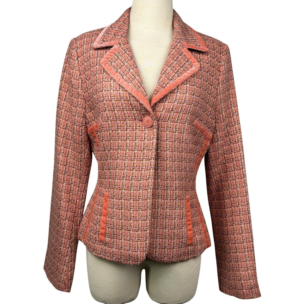 Q.U.E Coral Pink Tweed Blazer Jacket Velvet Trim One Button Lined Women's Size 8